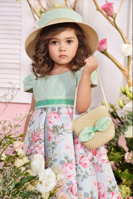 Vestido Infantil Cattai com Laise e Saia Floral Verde