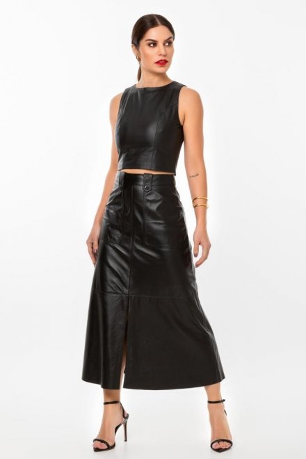 Saia Evasê Saia De Couro Cos Alto Saia Couro Eco Com Bolsos Cargo Bege Fascíniu´s Moda Evangélica