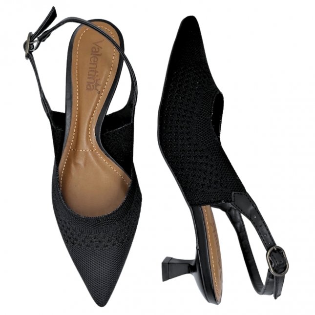 Sapato Sling Back Salto Baixo Em Tecido Crochê Valentina 376042
