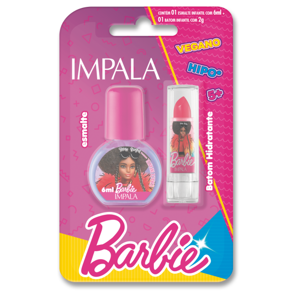 Kit Barbie Impala Esmalte Infantil Extraordinria e Batom Infantil Rosa Cereja