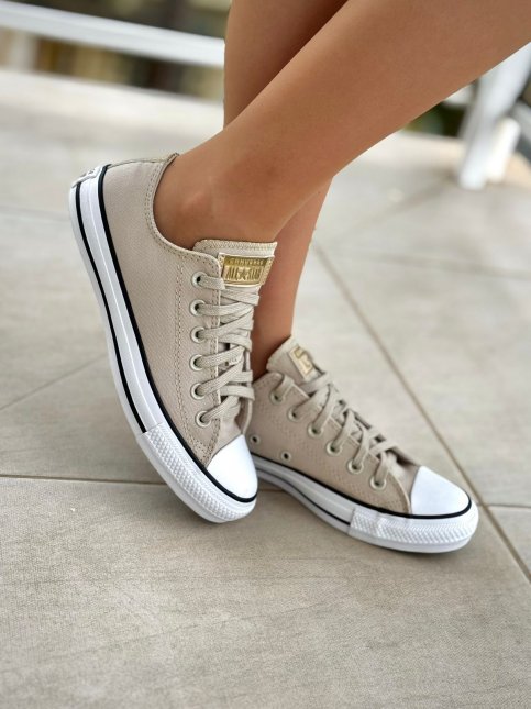 Tênis All Star Feminino Cano Baixo Bege Claro/Ouro Iria Calçados