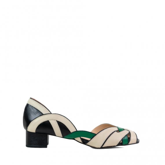 Peep Toe Couro Premium Preto/Off White/Limao