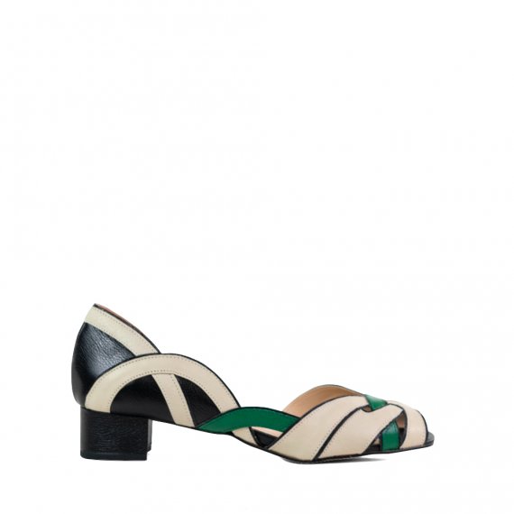 Peep Toe Couro Premium Preto/Off White/Limao 