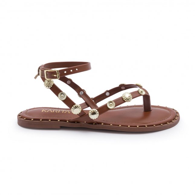 Sandália Rasteira Marrom Tiras Bico Redondo