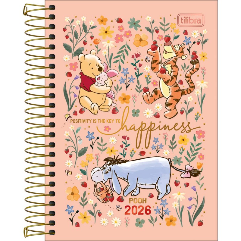 Agenda Espiral Diária 12,9 x 18,7 cm Pooh 2026 - Rosé - Happiness