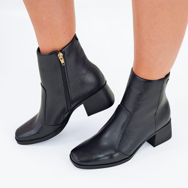 Bota Couro Legítimo Bota Cano Curto De Salto Preta Bota Pegada - Main Image