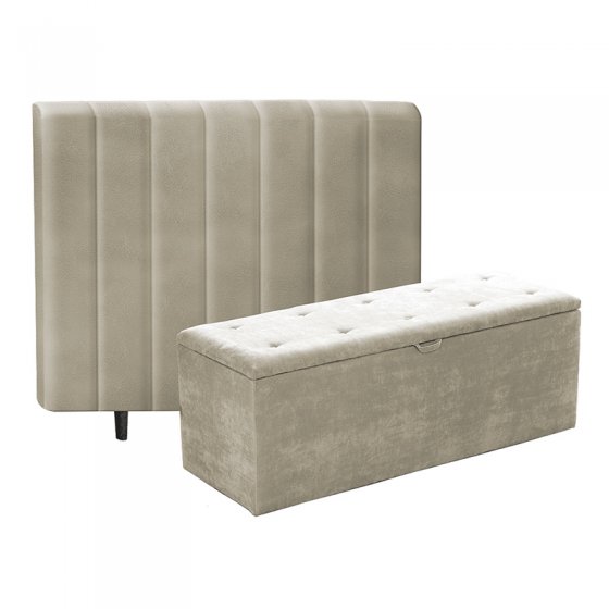 Kit Cabeceira + Recamier Baú Para Cama Box de Queen Size 158x198cm Tecido Velus Bege / Nude