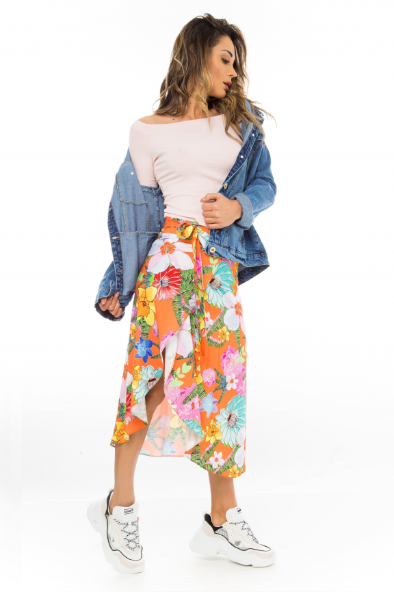 saia midi transpassada estampada