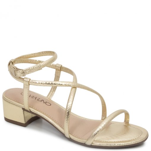 Sandália De Tiras Salto Bloco Baixo Fivela Via Uno 852004 Ouro