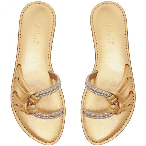 Sandália Rasteira Feminina Tira Brilho Schutz S042370533 - Ouro