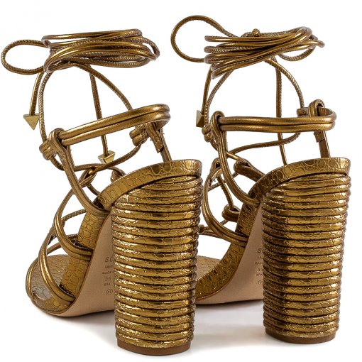 Sandália Salto Bloco Lace-Up Metalizada Schutz S201480474 - Bronze