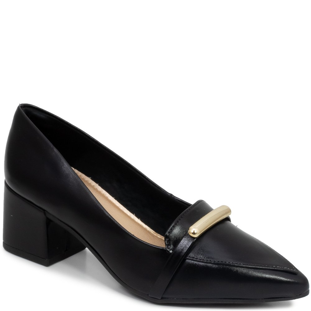 Scarpin Salto Bloco Adorno Metalizado Via Uno 905005 - Preto | Sapato Show