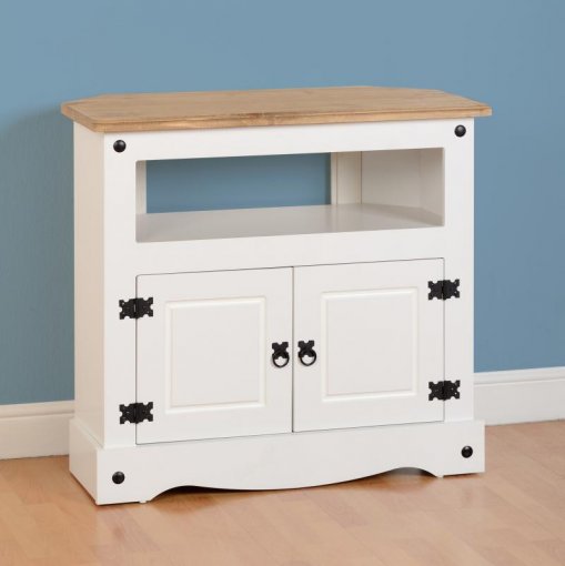 Rack de canto para TV Corona Laqueado - Original Seconique* - Madeira e MDF - Cor branco e madeira natural