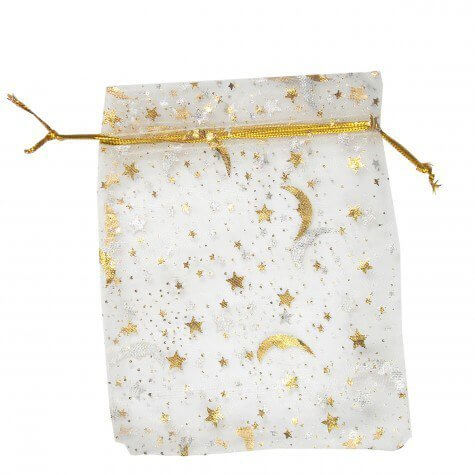 50 Saquinhos de Organza 12 x 16 - Branco com Lua e Estrelas