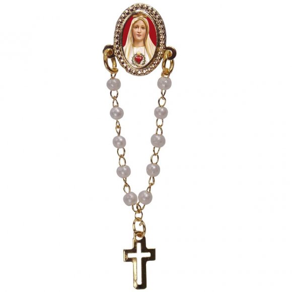 Botton com Mini Terço Rosto Nossa Senhora de Fátima (vendas por dúzia)
