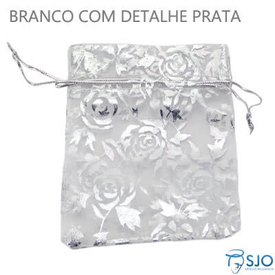 Saquinho de Organza 8 x 12 - Branco com Rosas Prata