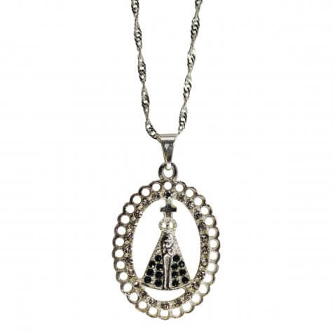 Colar Nossa Senhora Aparecida com Strass Prata - Mod. 2