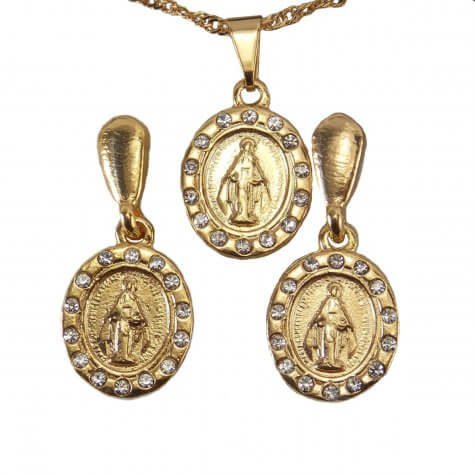 Conjunto de Brinco e Colar Nossa Senhora das Graças Folheado a Ouro