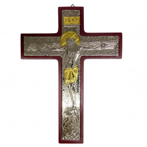 Crucifixo de Madeira e Prata com Detalhe Dourado - 22 cm