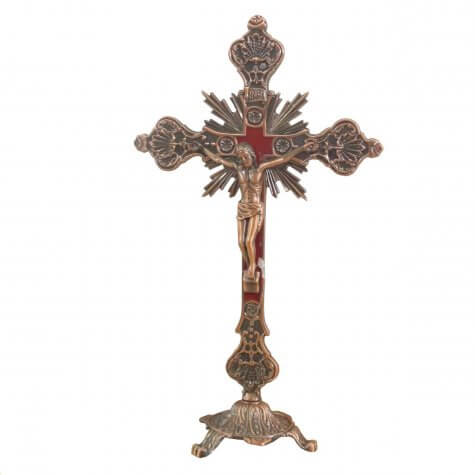 Crucifixo Estilizado em Bronze com Vermelho para Mesa - 25 cm