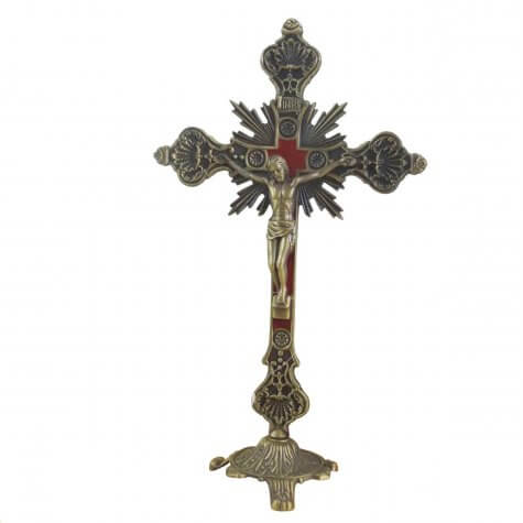 Crucifixo Estilizado Ouro Velho com Vermelho para Mesa - 25 cm