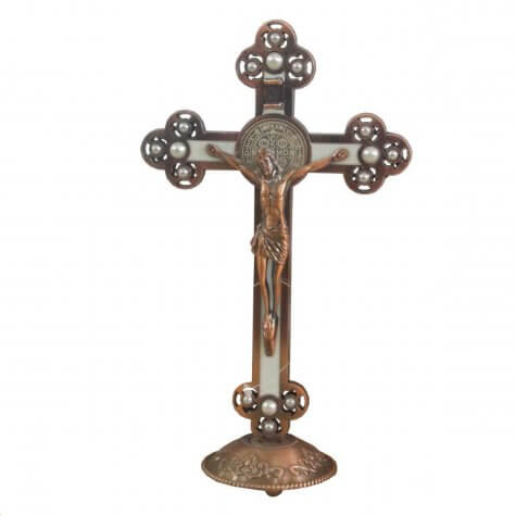 Crucifixo São Bento Bronze com Perola para Mesa - 21 cm
