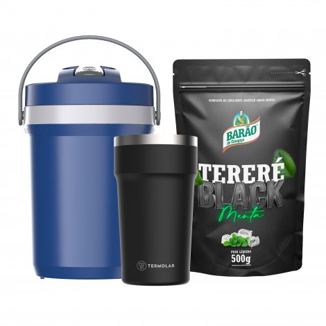  Conjunto Fliptop Azul Tech 2.5L + Copo Pub Preto 500mL Termolar + Erva Barão Black Tereré