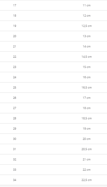 tabela de medidas calçados molekinha