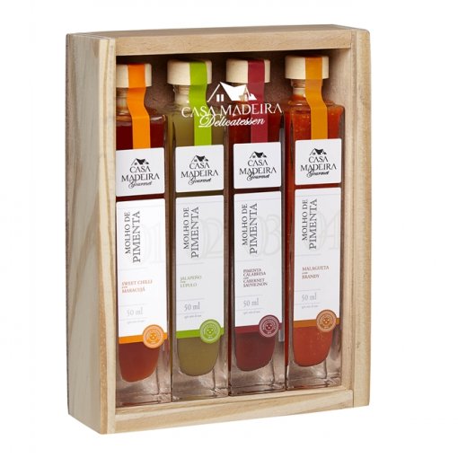 Kit Molho de Pimenta com Embalagem de Madeira